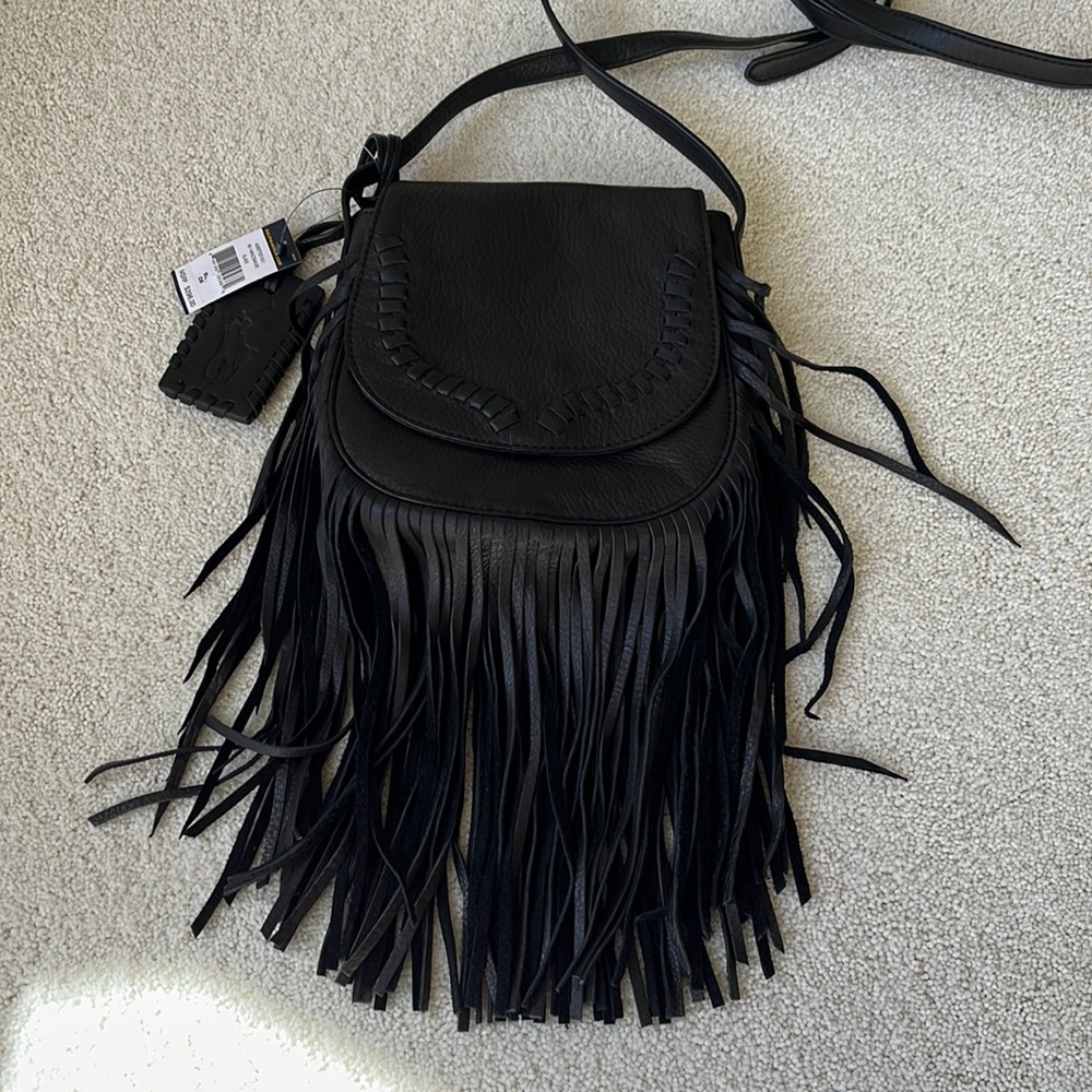 NWT Ralph Lauren polo black leather cross body handbag